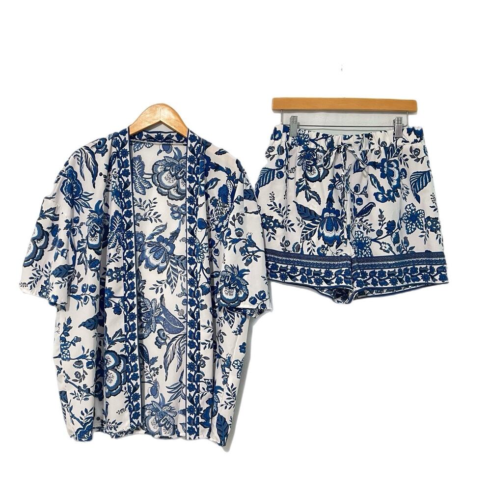SHEIN Tropical Floral Print Kimono and Shorts Set Blue XL Resort Wear Beach Pool